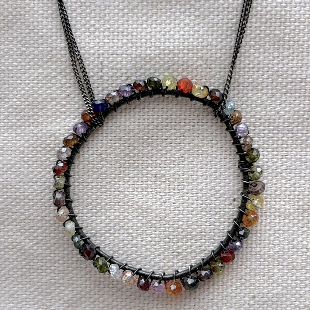 Early Mashka Sterling Silver Sapphire Gem Ring Circle Necklace